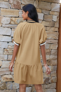 Wenrine Womens Khaki Puff Sleeve Half Zip Sweatshirt Dresses