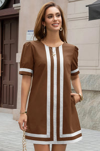 Wenrine Womens Brown Crewneck Striped Color Block Shift Dresses