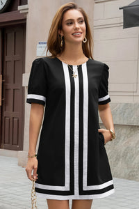 Wenrine Womens Black Crewneck Striped Color Block Shift Dresses