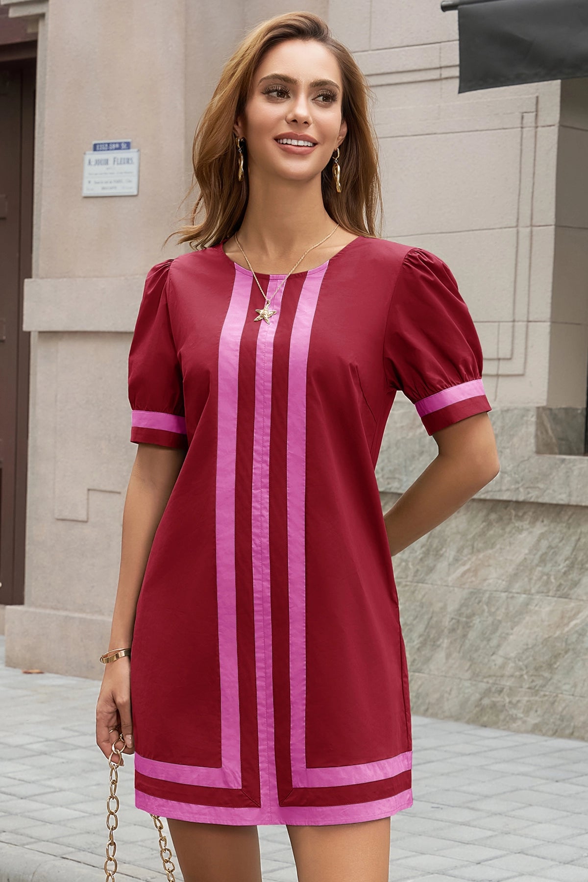 Wenrine Womens Burgundy Crewneck Striped Color Block Shift Dresses