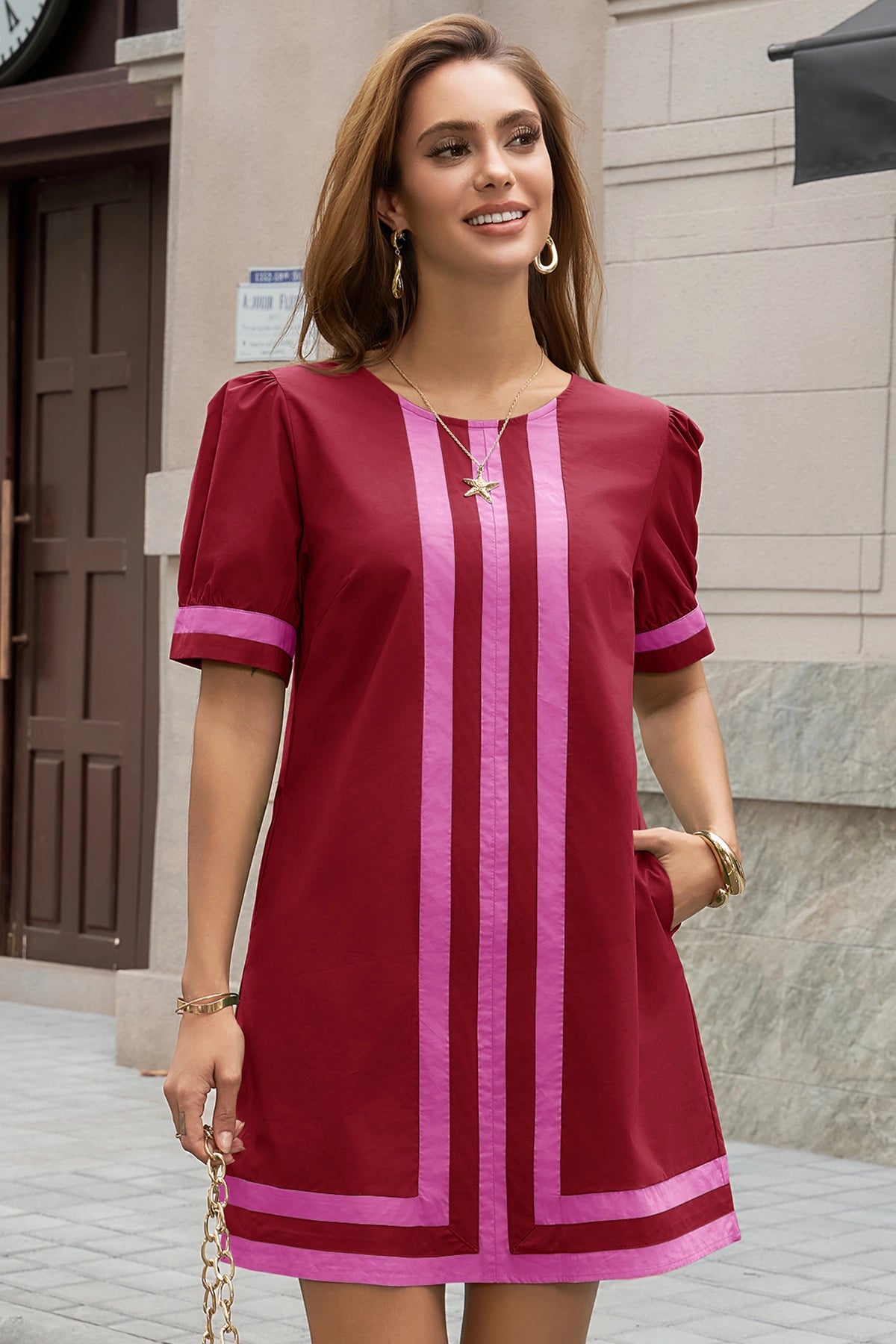 Wenrine Womens Burgundy Crewneck Striped Color Block Shift Dresses