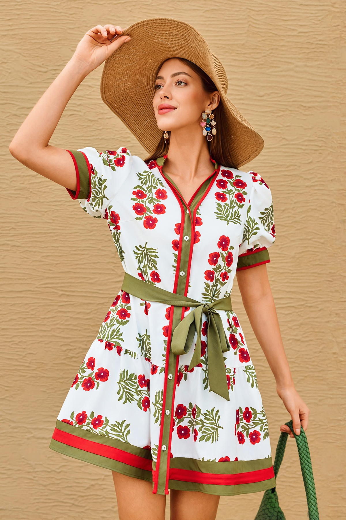 Wenrine Womens White Floral Button Down Dress with Belt