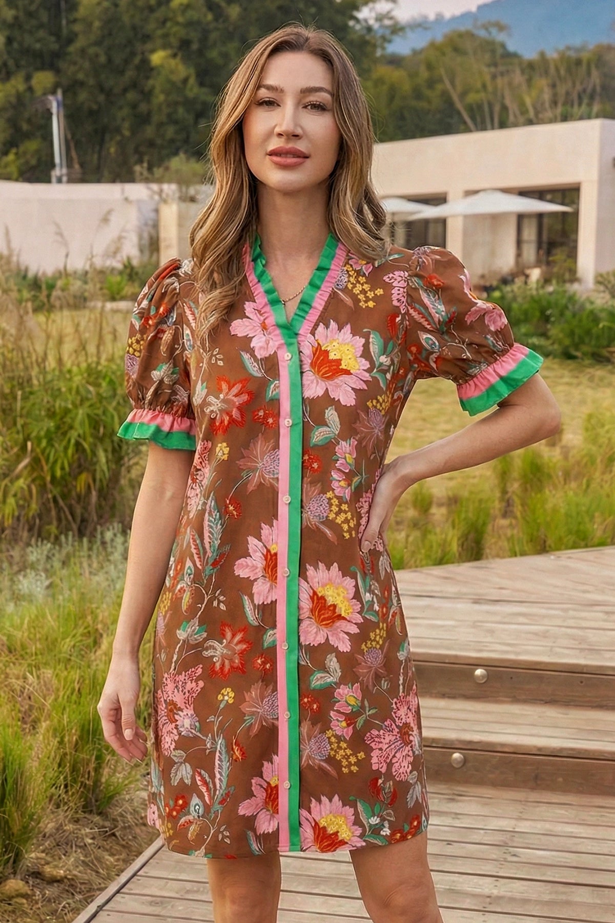 Wenrine Womens Brown Floral Button Down Ruffle Mini Dresses