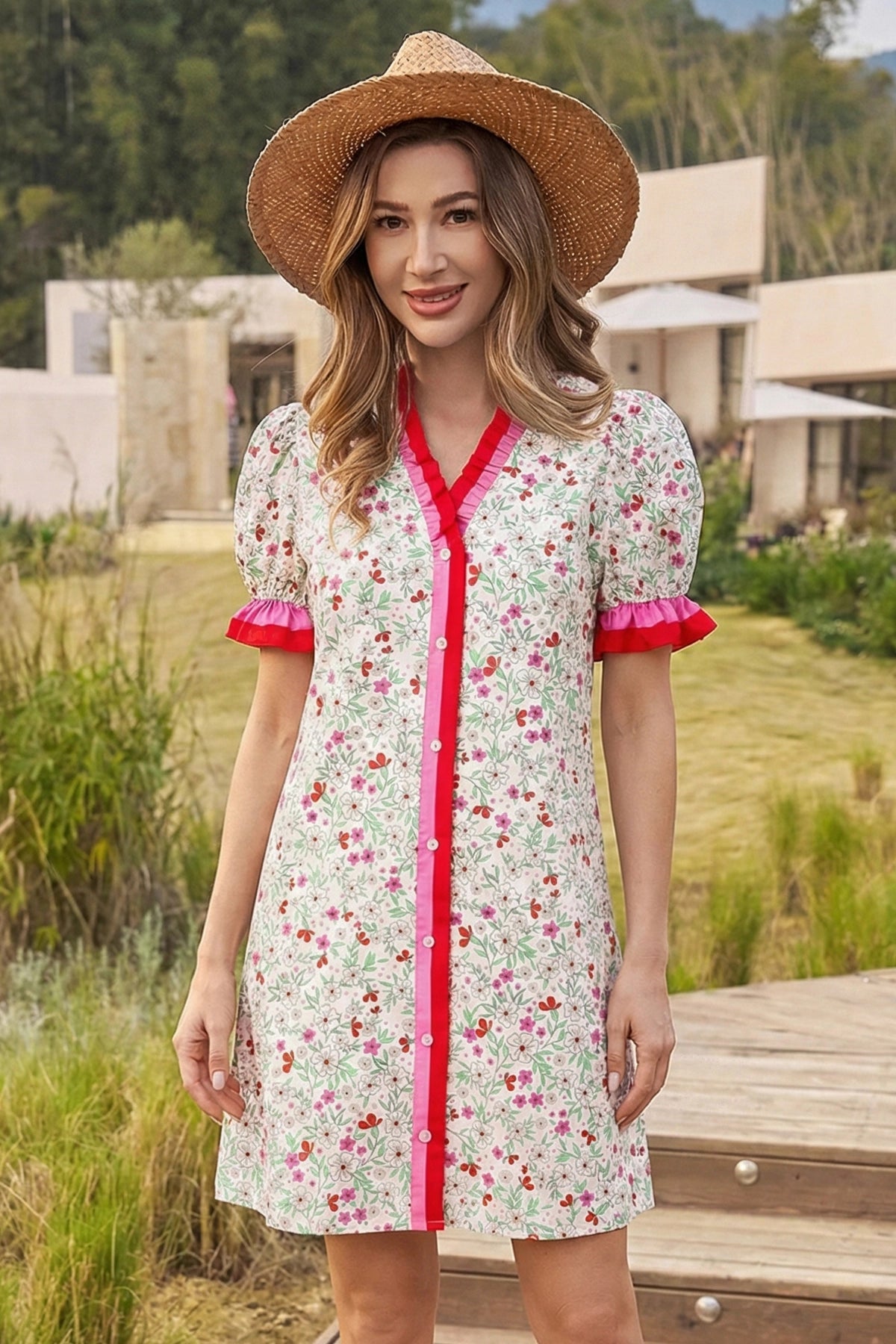 Wenrine Womens Pink Floral Button Down Ruffle Mini Dresses