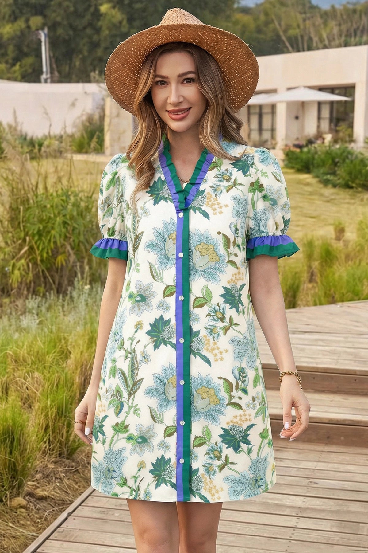 Wenrine Womens Green Floral Button Down Ruffle Mini Dresses