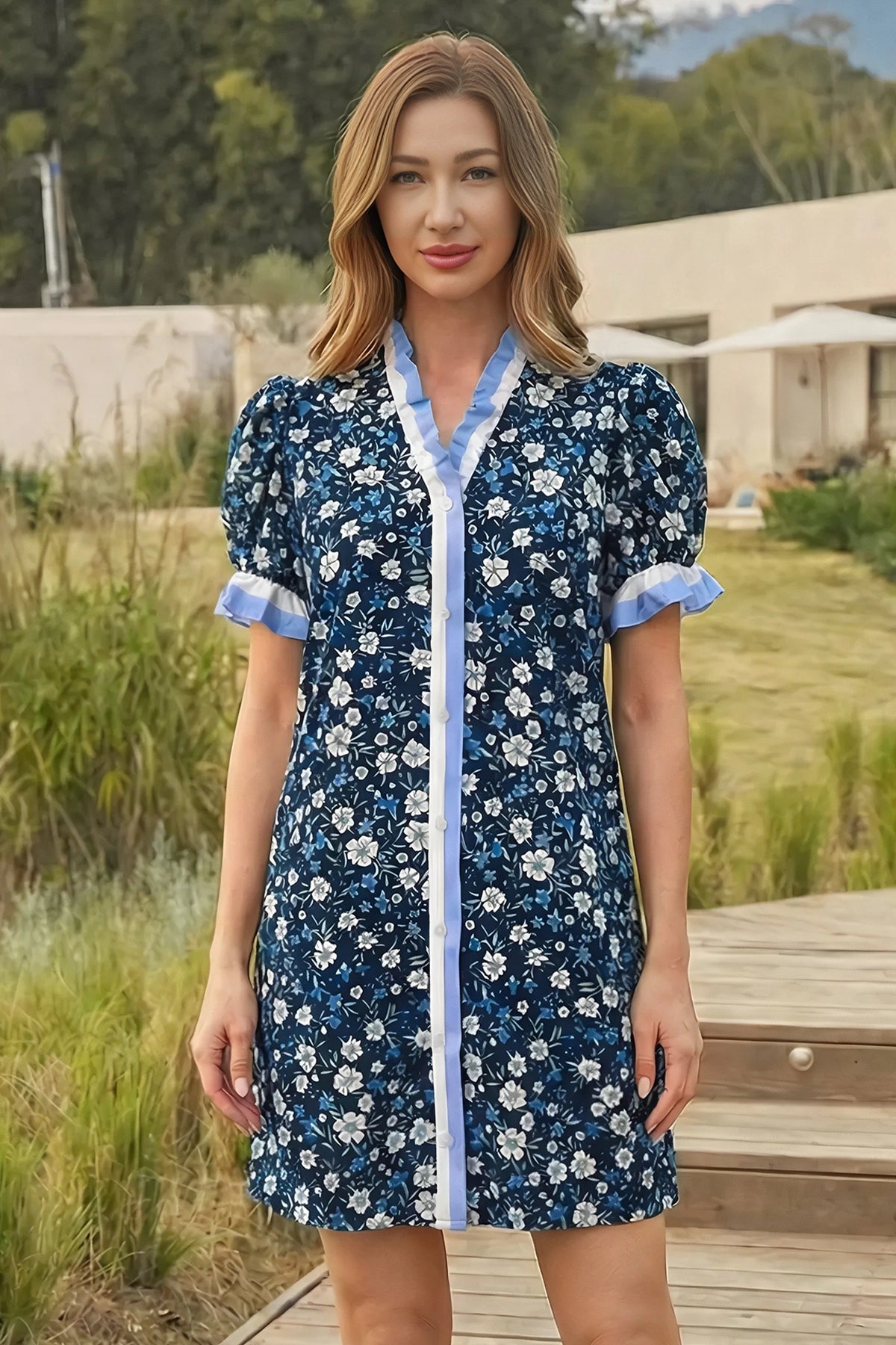 Wenrine Womens Navy Floral Button Down Ruffle Mini Dresses