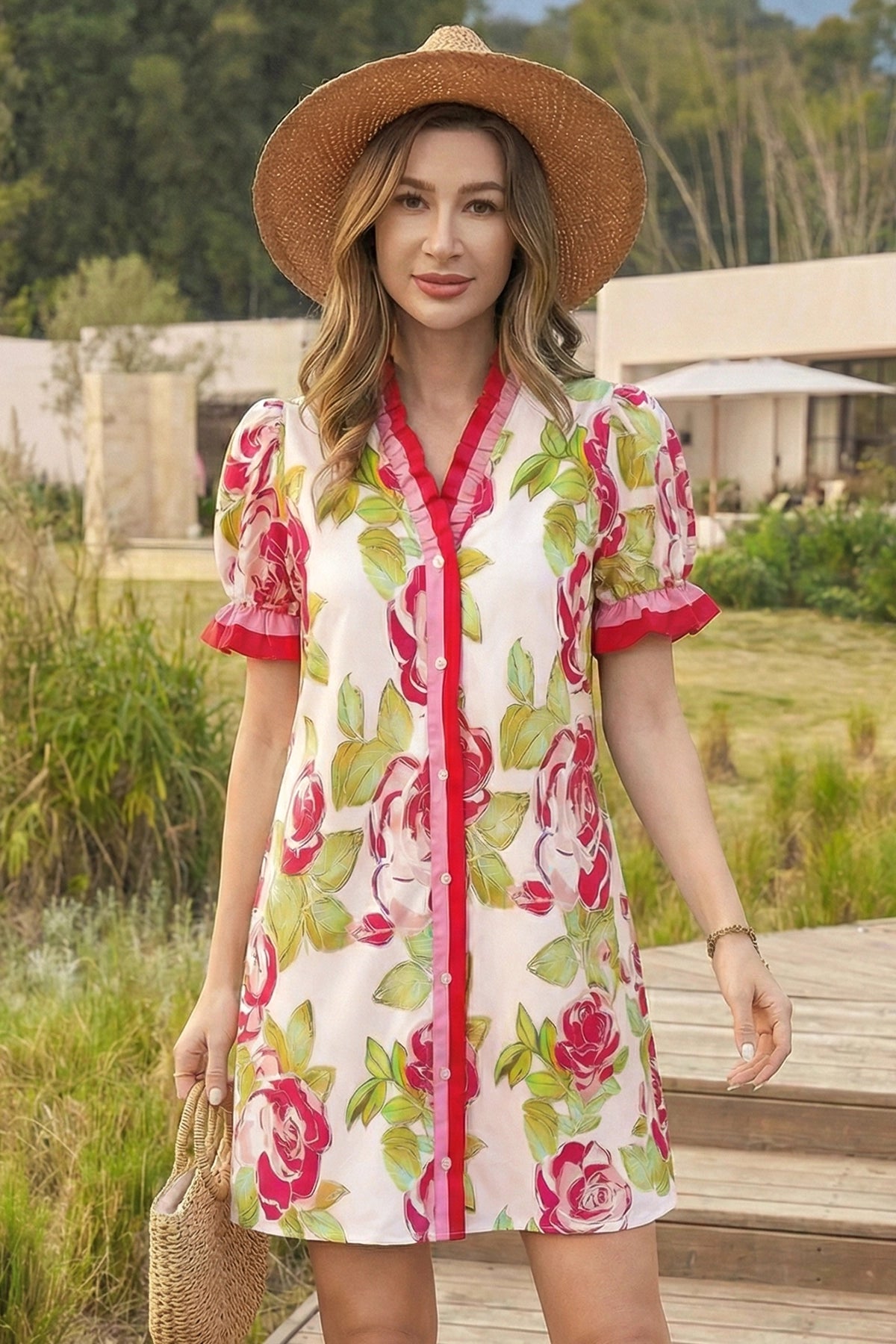 Wenrine Womens Red Floral Button Down Ruffle Mini Dresses