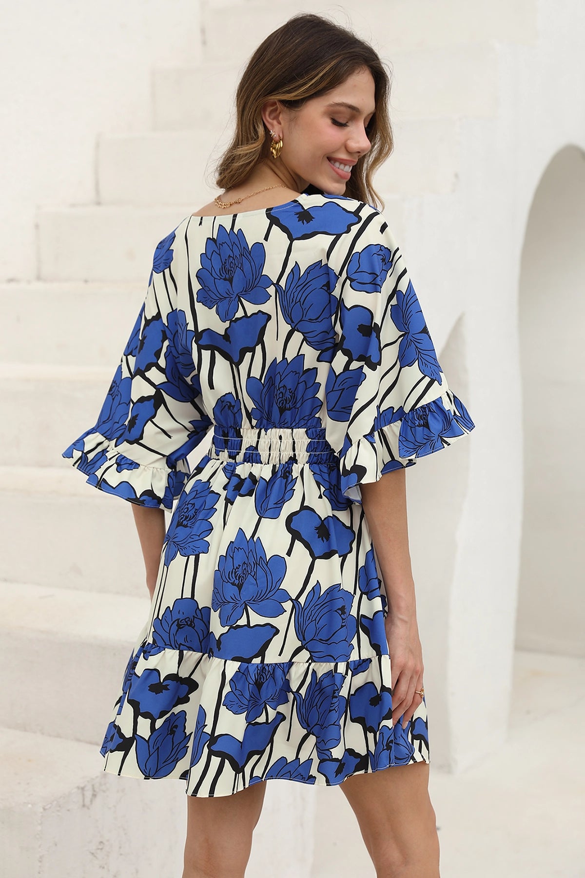 Wenrine Womens Blue V Neck Casual Dresses