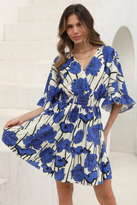 Wenrine Womens Blue V Neck Casual Dresses