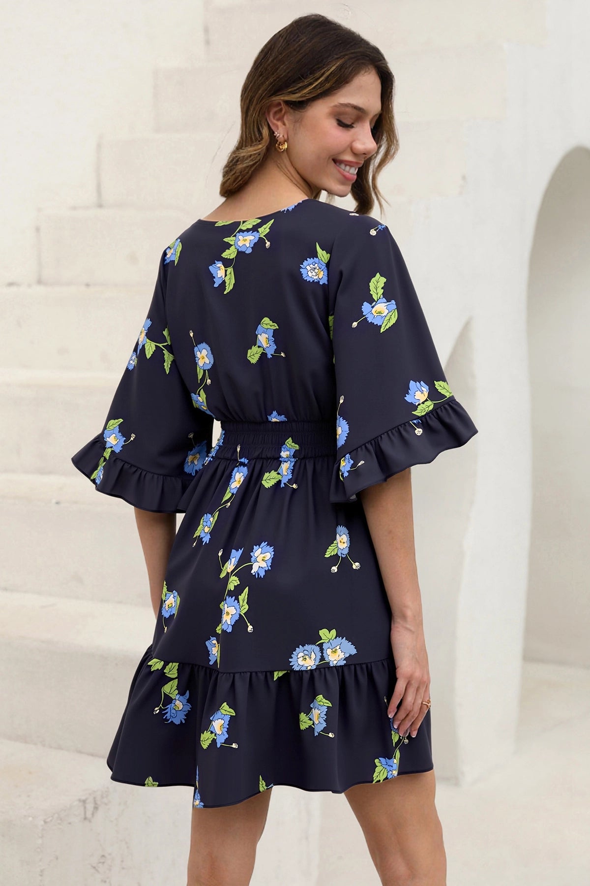 Wenrine Womens Navy V Neck Casual Dresses