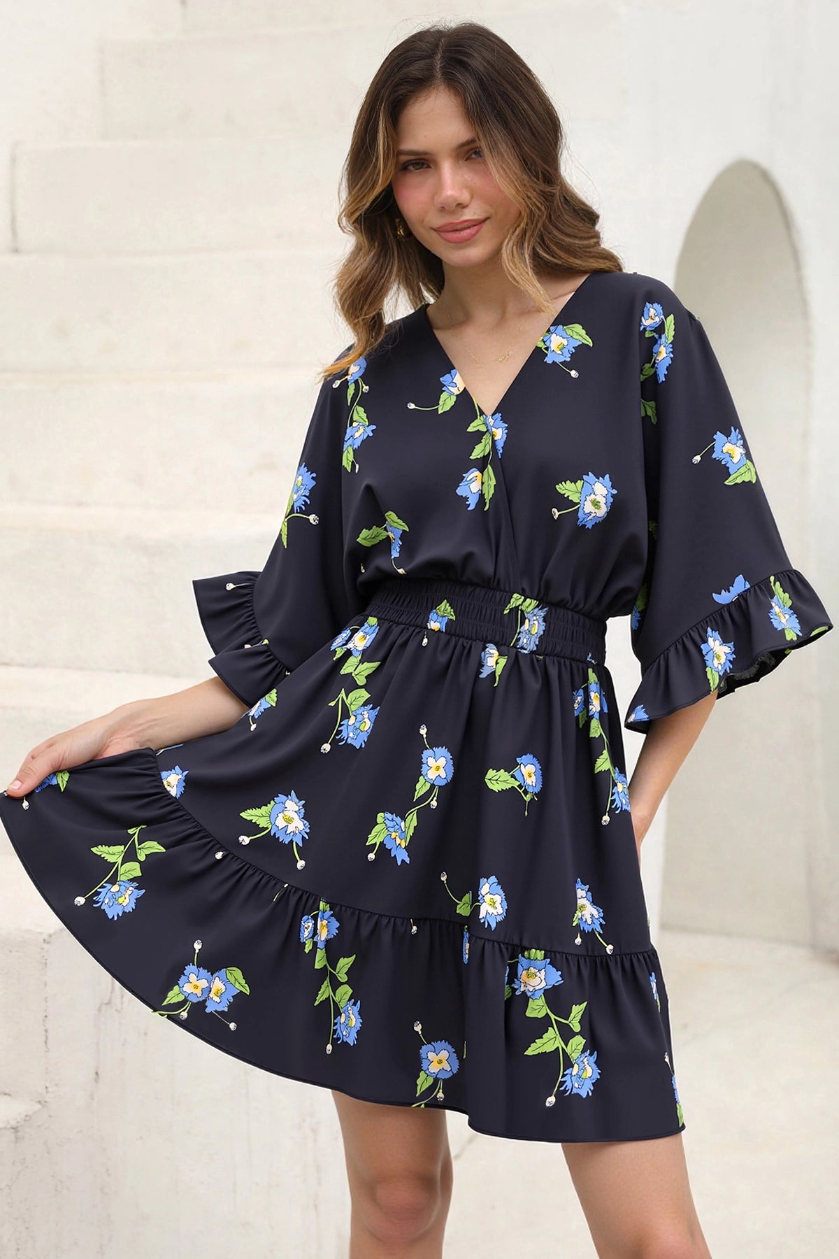 Wenrine Womens Navy V Neck Casual Dresses