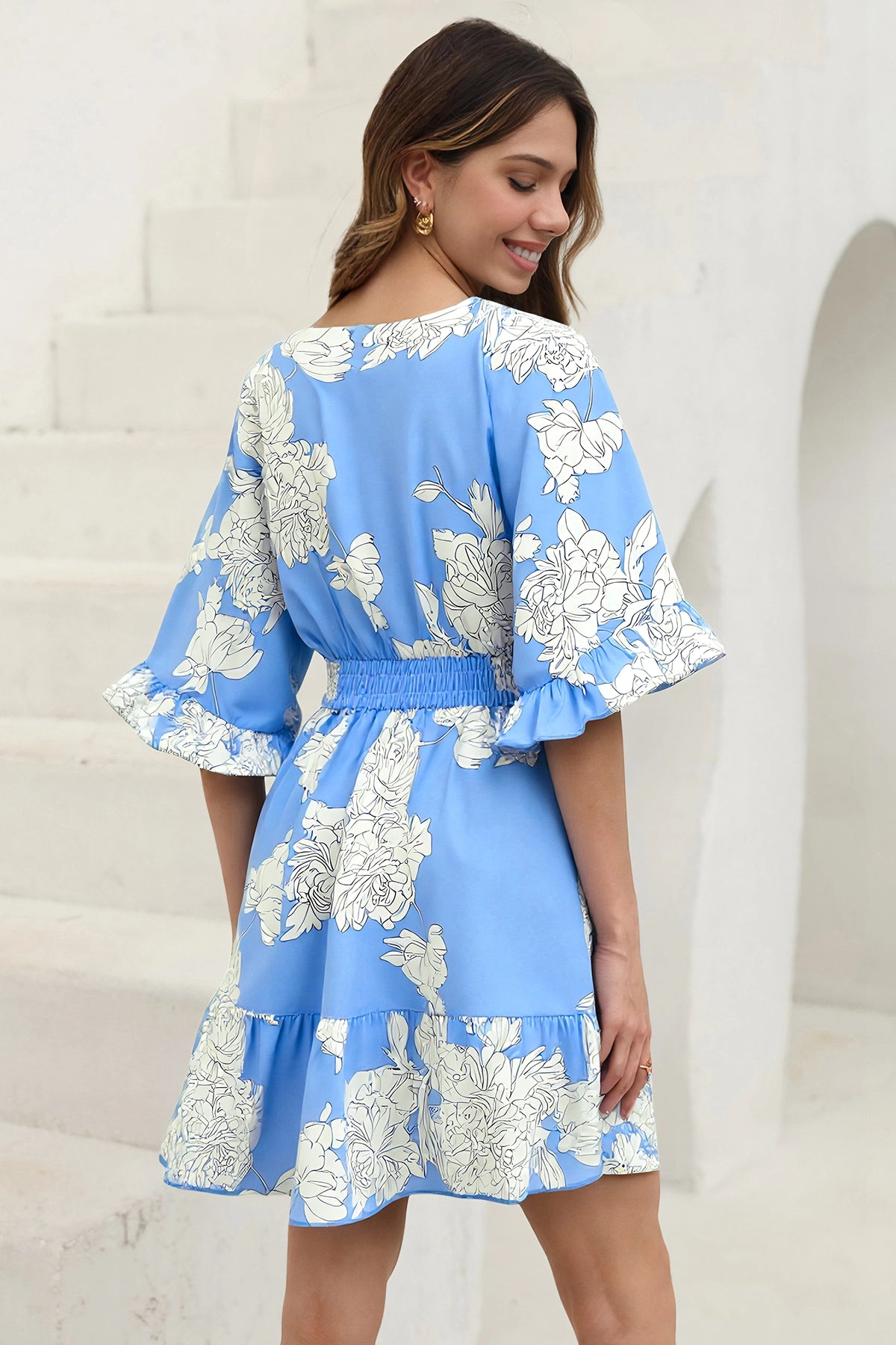 Wenrine  Womens Light Blue V Neck Casual Dresses