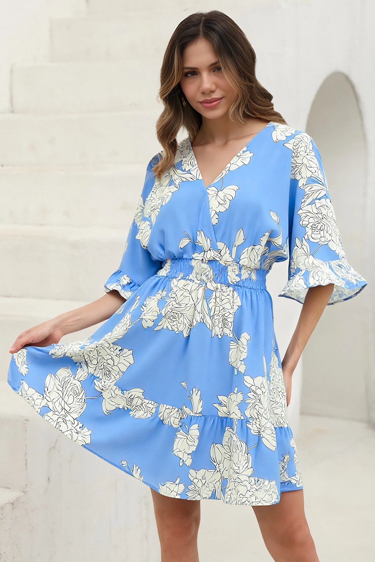 Wenrine  Womens Light Blue V Neck Casual Dresses