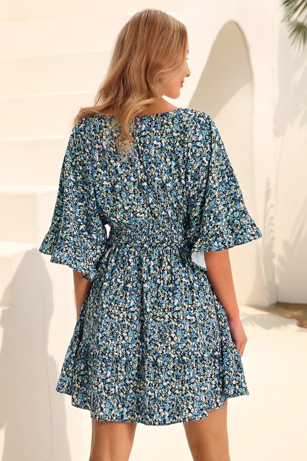 Wenrine Womens Sky Blue V Neck Casual Dresses