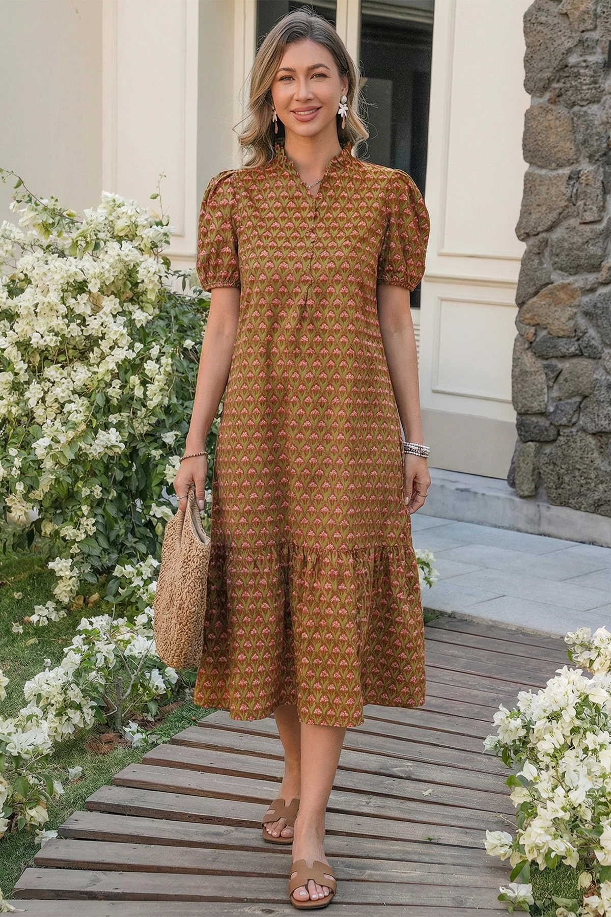 Wenrine Womens Brown Floral Puff Button Ruffle Midi Dress