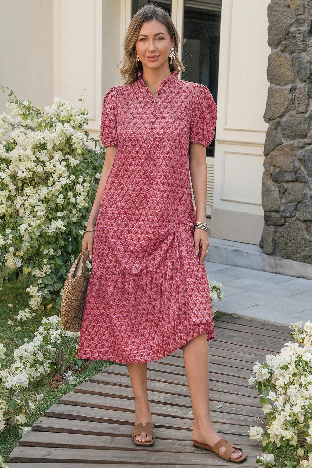 Wenrine Womens Pink Floral Puff Button Ruffle Midi Dress