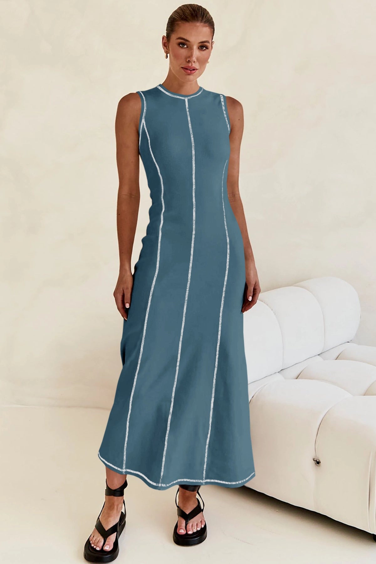 Wenrine Womens Blue Knit Ribbed Contrast Stitch Tank Dress