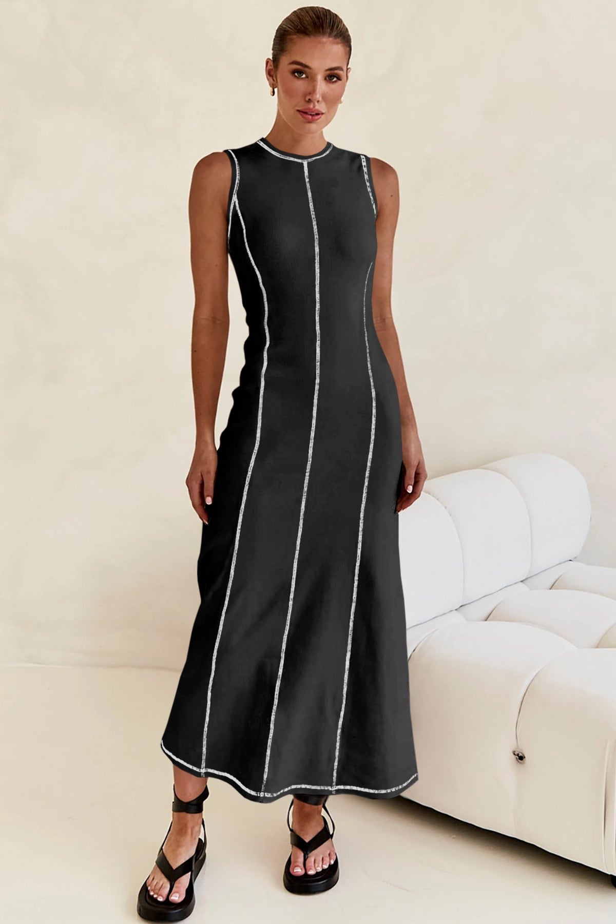 Wenrine Womens Black Knit Ribbed Contrast Stitch Tank Dress