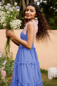 Wenrine Womens Royal Blue Smocked Tie Shoulder Maxi Dress