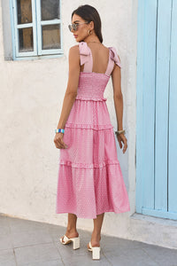 Wenrine Womens Pink Smocked Tie Shoulder Maxi Dress
