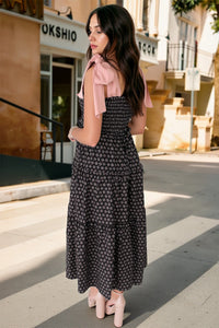 Wenrine Womens Black Smocked Tie Shoulder Maxi Dress