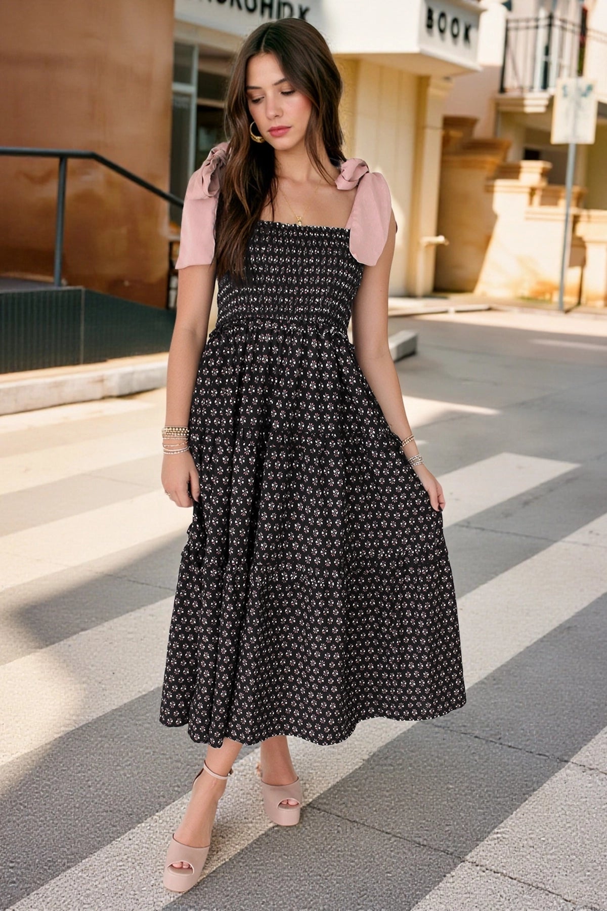 Wenrine Womens Black Smocked Tie Shoulder Maxi Dress