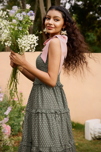 Wenrine Womens Army Green Smocked Tie Shoulder Maxi Dress