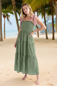 Wenrine Womens Green Smocked Tie Shoulder Maxi Dress