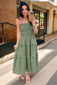 Wenrine Womens Green Smocked Tie Shoulder Maxi Dress