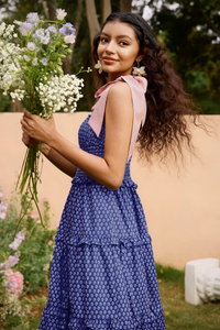 Wenrine Womens Navy Smocked Tie Shoulder Maxi Dress