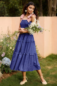 Wenrine Womens Navy Smocked Tie Shoulder Maxi Dress