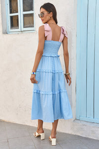 Wenrine Womens Light Blue Smocked Tie Shoulder Maxi Dress