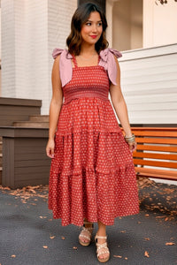 Wenrine Womens Red Smocked Tie Shoulder Maxi Dress