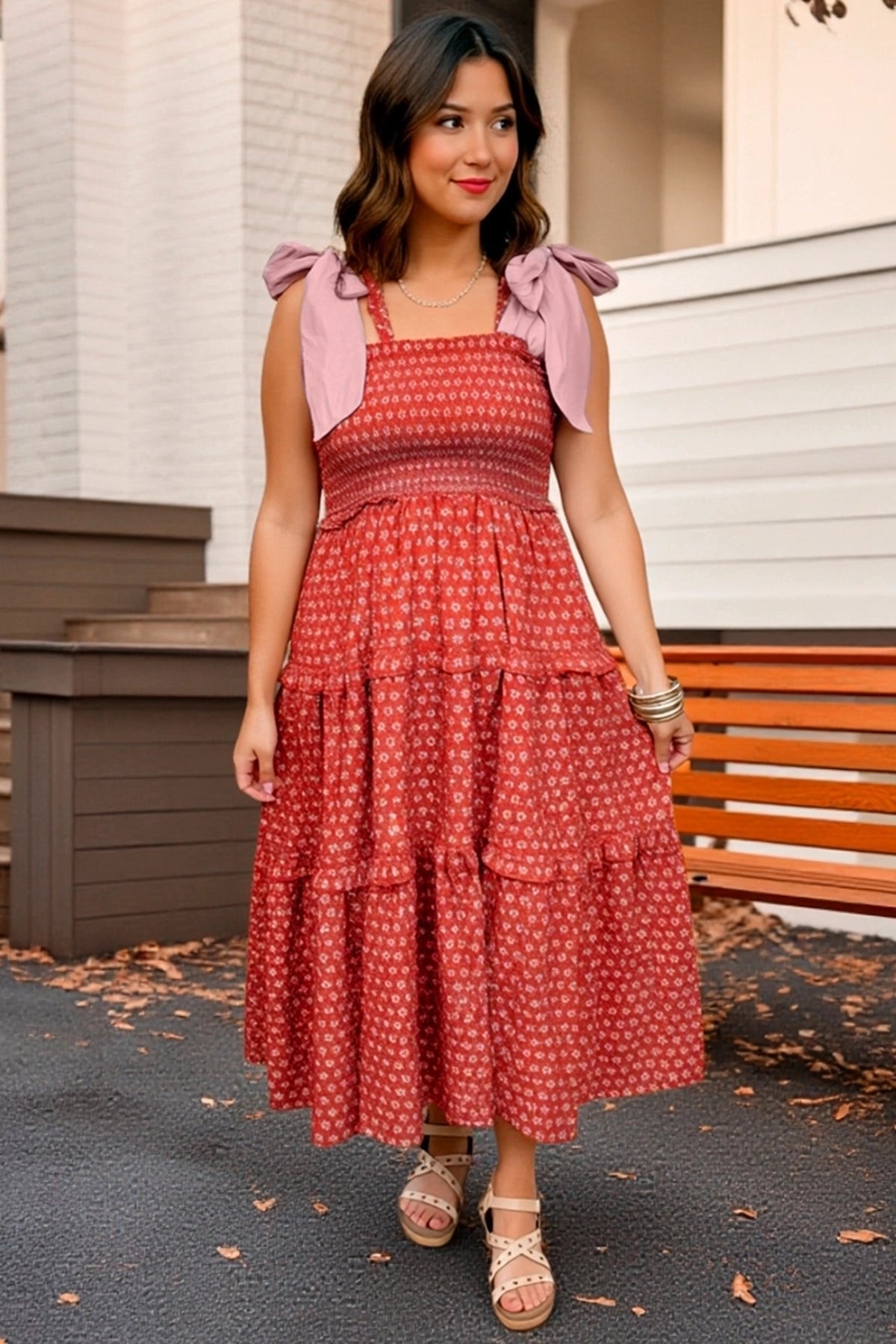 Wenrine Womens Red Smocked Tie Shoulder Maxi Dress