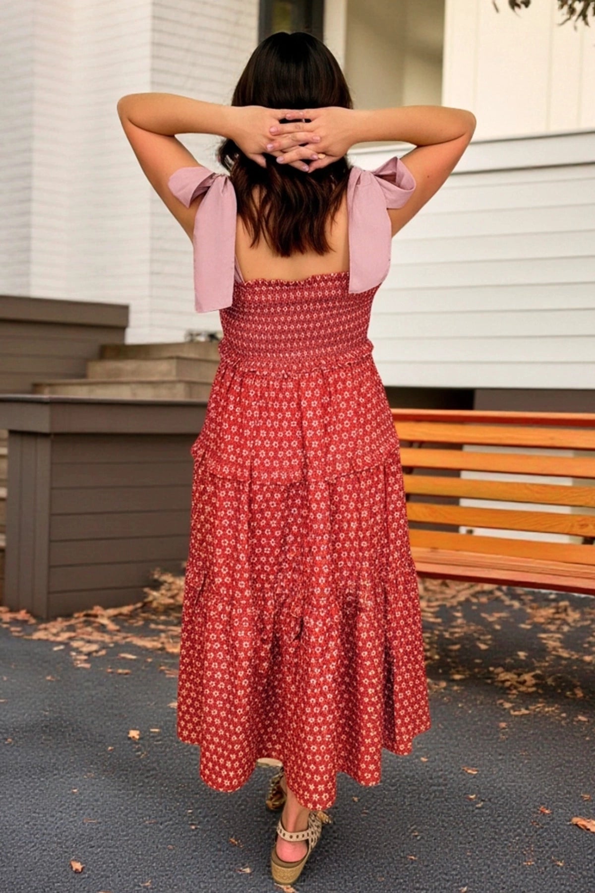 Wenrine Womens Red Smocked Tie Shoulder Maxi Dress