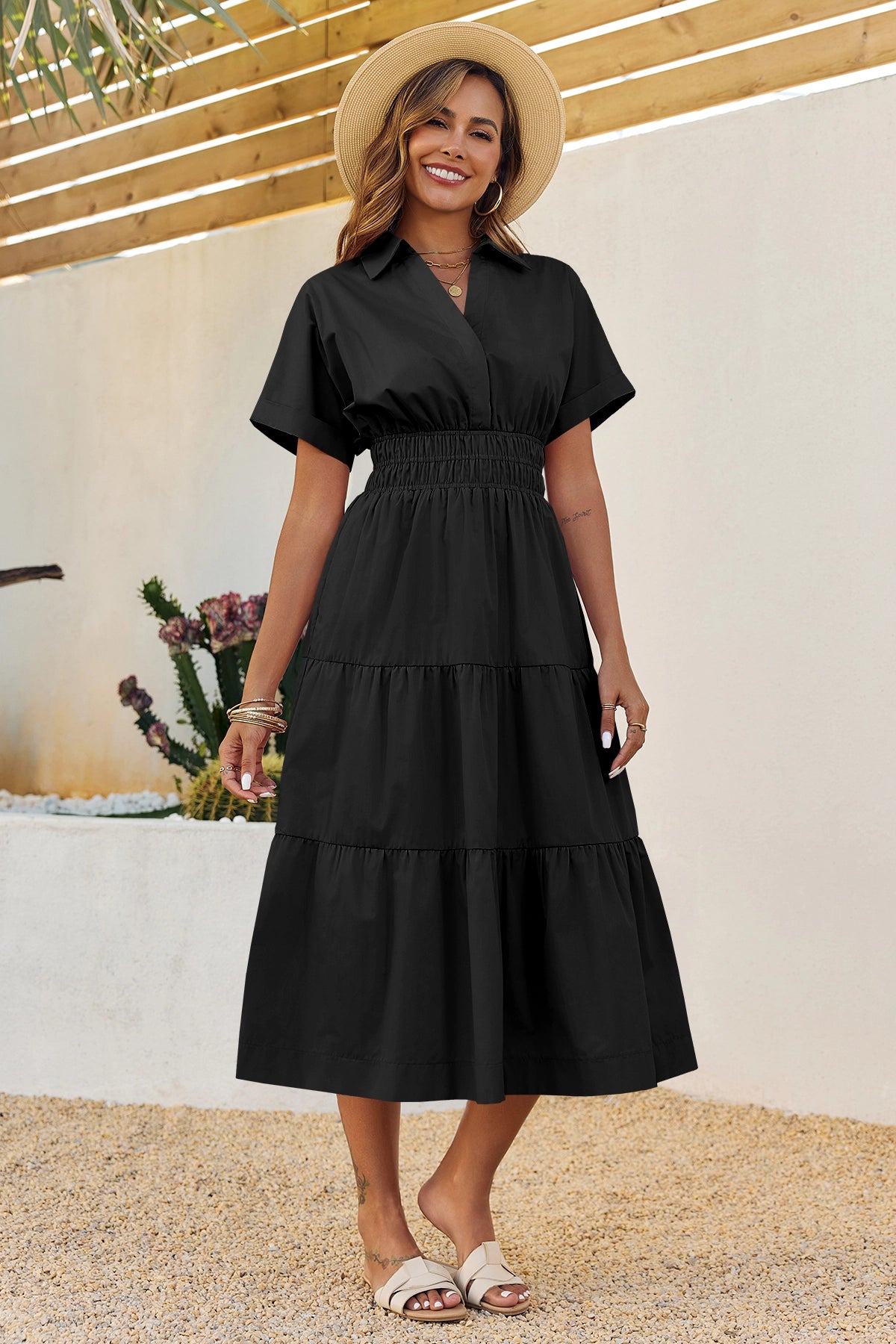 Wenrine Womens Black Smocked Loose Flowy Shirt Dress