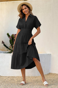 Wenrine Womens Black Smocked Loose Flowy Shirt Dress