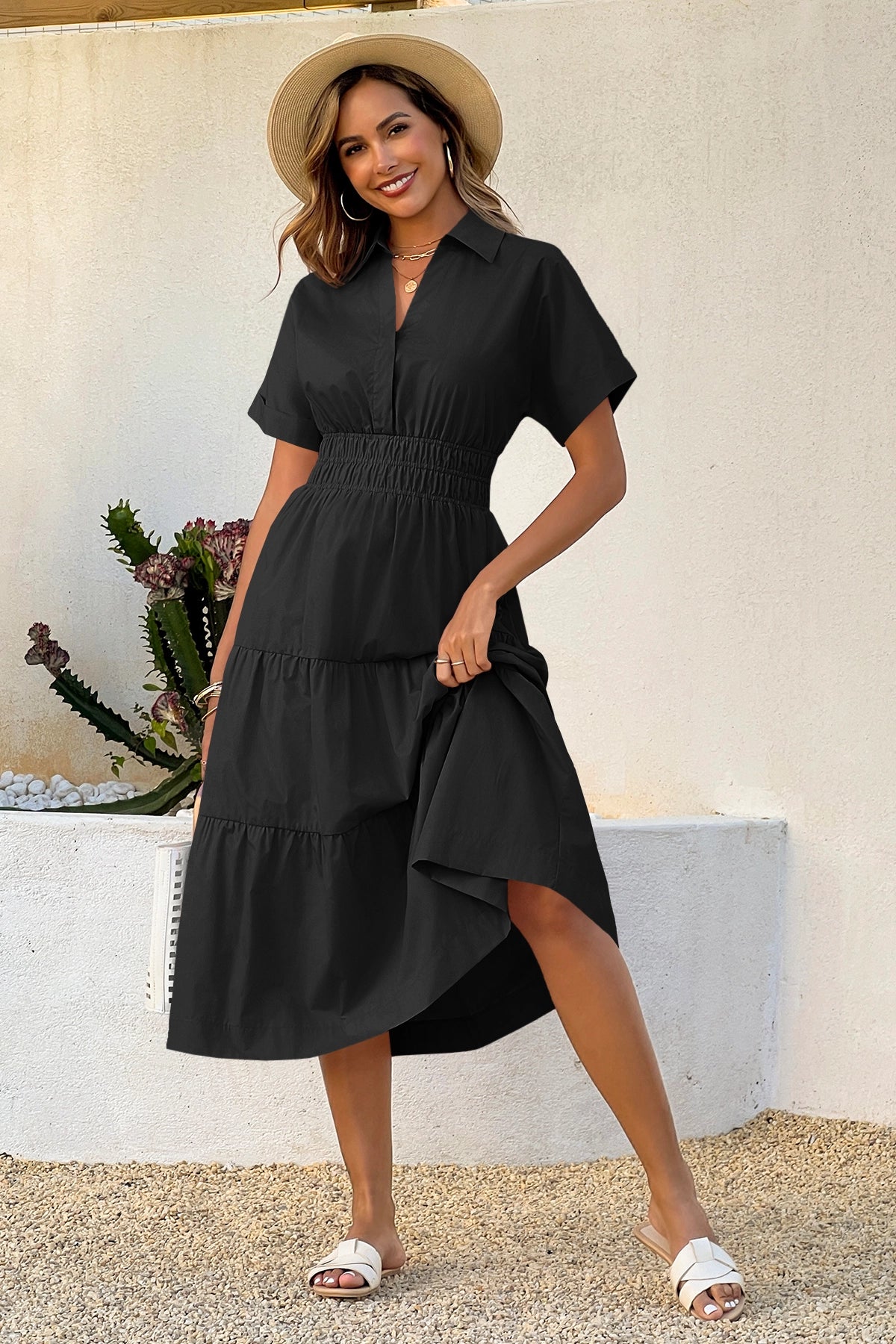 Wenrine Womens Black Smocked Loose Flowy Shirt Dress