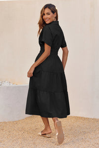 Wenrine Womens Black Smocked Loose Flowy Shirt Dress