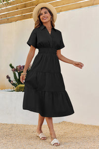 Wenrine Womens Black Smocked Loose Flowy Shirt Dress