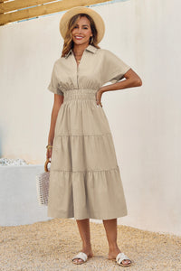 Wenrine Womens Khaki Smocked Loose Flowy Shirt Dress
