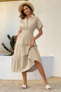 Wenrine Womens Khaki Smocked Loose Flowy Shirt Dress