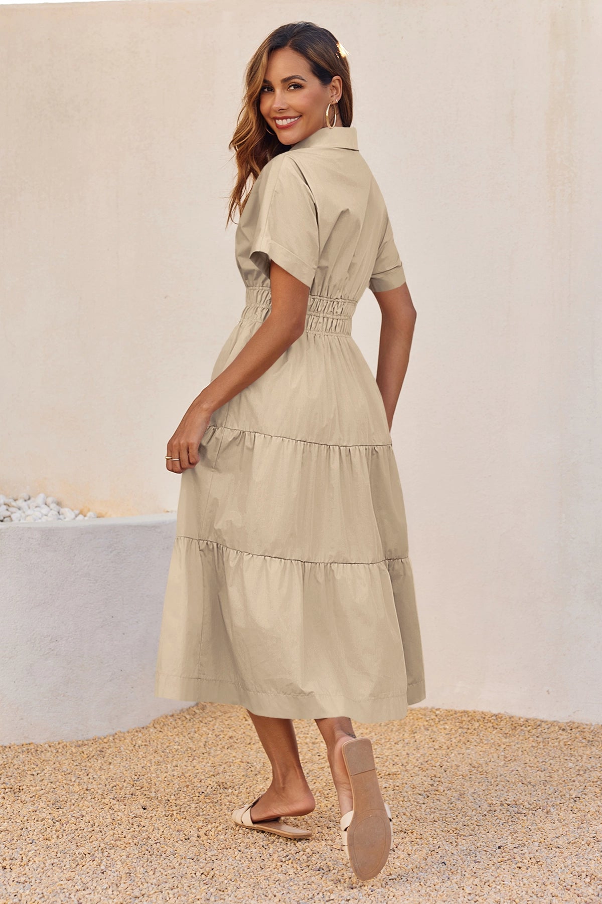 Wenrine Womens Khaki Smocked Loose Flowy Shirt Dress