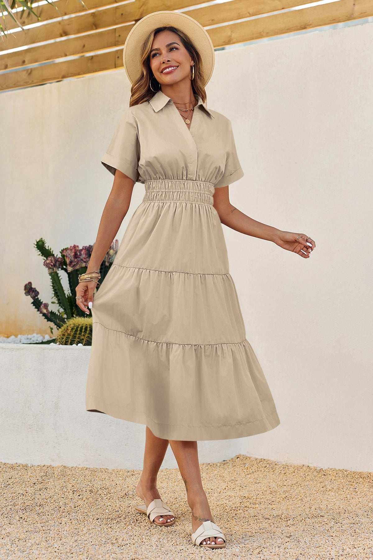 Wenrine Womens Khaki Smocked Loose Flowy Shirt Dress