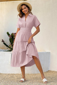 Wenrine Womens Light Pink Smocked Loose Flowy Shirt Dress