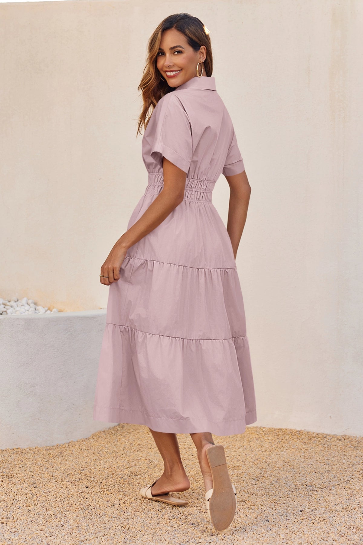 Wenrine Womens Light Pink Smocked Loose Flowy Shirt Dress