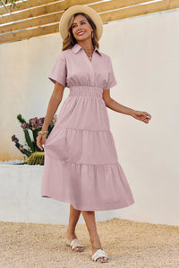 Wenrine Womens Light Pink Smocked Loose Flowy Shirt Dress
