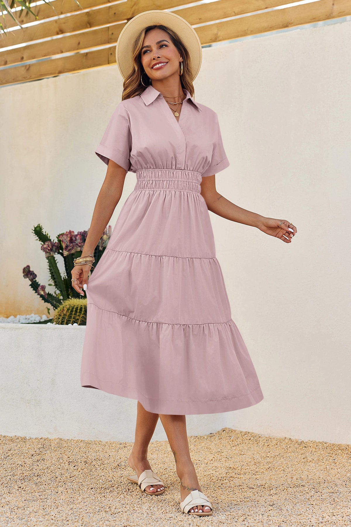 Wenrine Womens Light Pink Smocked Loose Flowy Shirt Dress