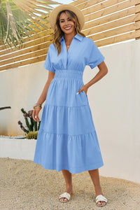 Wenrine Womens Sky Blue Smocked Loose Flowy Shirt Dress