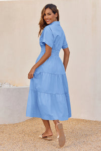 Wenrine Womens Sky Blue Smocked Loose Flowy Shirt Dress